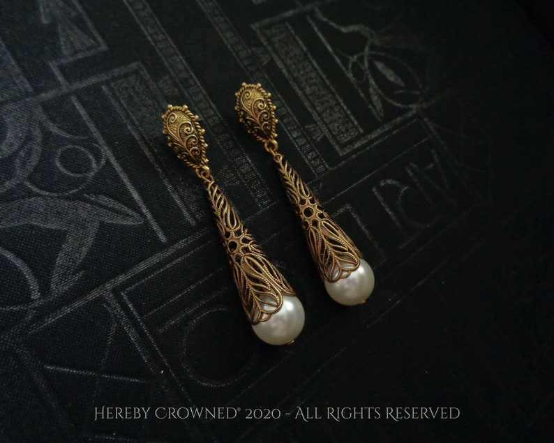 Makiyah Earrings Renaissance Bridal Medieval Queen Gold filigree and Pearl earring design