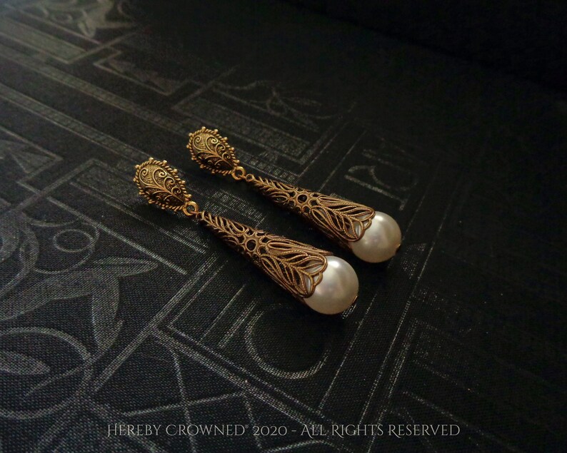 Makiyah Earrings Renaissance Bridal Medieval Queen Gold filigree and Pearl earring design