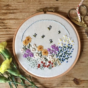 Wildflowers and Bees Embroidery Kit including a wildflower seed packet image 1