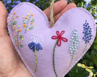 Embroidered Felt Heart with summer flowers