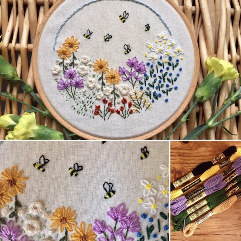 Wildflowers and Bees Embroidery Kit including a wildflower seed packet image 2