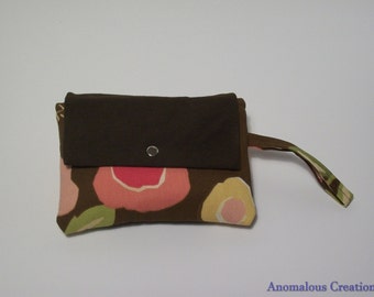 Small Floral Wristlet Purse, Brown Floral and Paisley Print Wristlet Clutch Purse, Handbag, Small Bag