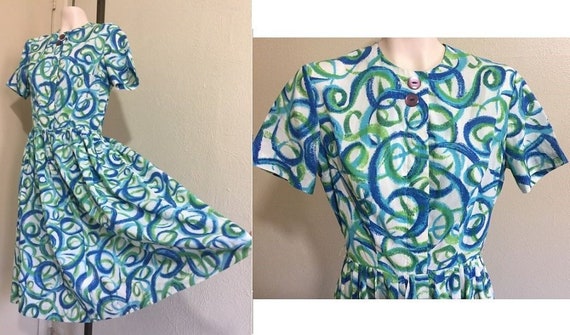 1950s 1960s Abstract Green Blue White Swirl Circle