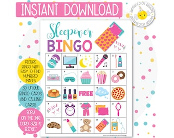 30 Sleepover / Slumber Party Printable Bingo Cards (30 Different Cards) - Instant Download