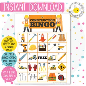 30 Construction Printable Bingo Cards (30 Different Cards) - Instant Download