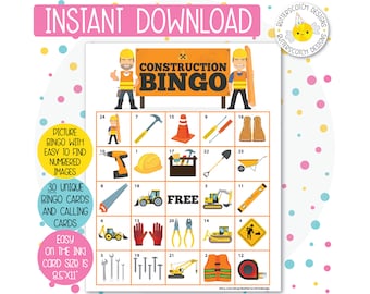 30 Construction Printable Bingo Cards (30 Different Cards) - Instant Download