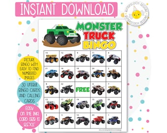 Monster Truck Printable Bingo Cards (30 Different Cards) - Instant Download