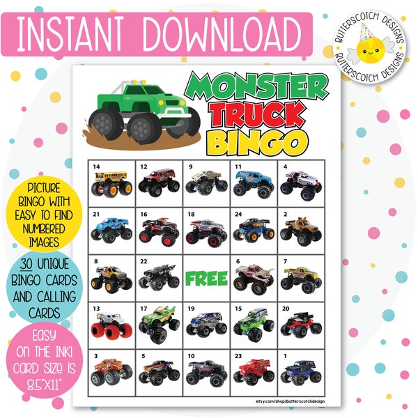 Monster Truck Printable Bingo Cards (30 Different Cards) - Instant Download