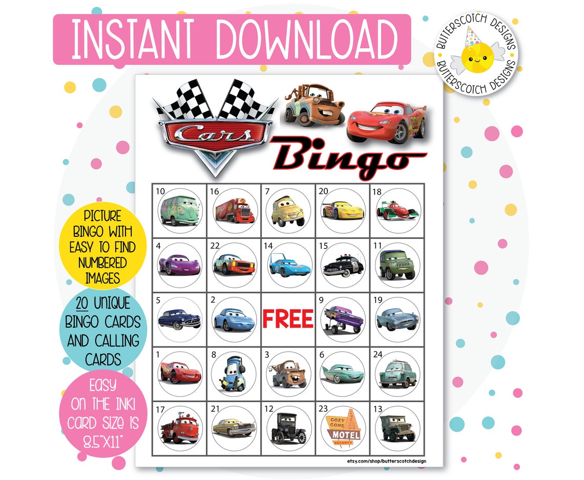 Disney Cars Printable Bingo Cards 20 Different Cards | Etsy
