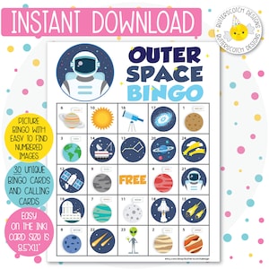 30 Weltraum Bingokarten (30 verschiedene Karten) - Instant Download