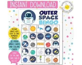 30 Outer Space Printable Bingo Cards (30 Different Cards) - Instant Download