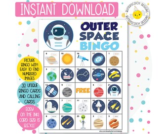 Outer Space Printable Bingo Cards (30 Different Cards) - Instant Download