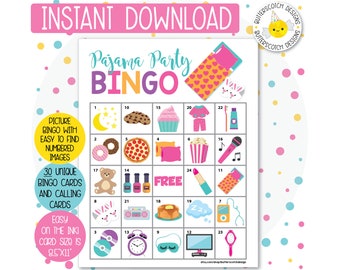 Pajama / Slumber Party Printable Bingo Cards (30 Different Cards) - Instant Download