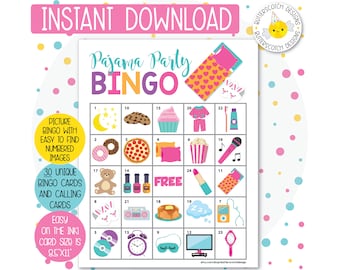 30 Pajama / Slumber Party Printable Bingo Cards (30 Different Cards) - Instant Download