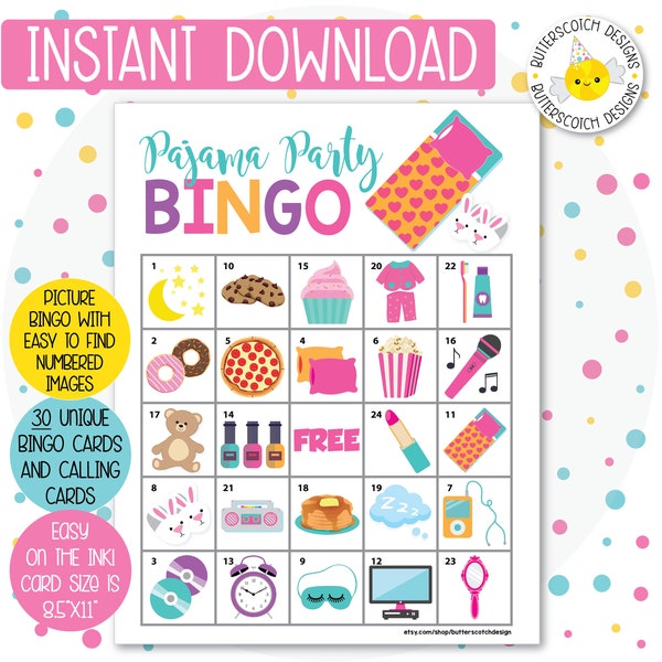 Pajama / Slumber Party Printable Bingo Cards (30 Different Cards) - Instant Download
