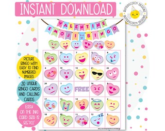 30 Valentine Emoji Hearts Printable Bingo Cards (30 Different Cards) - Instant Download