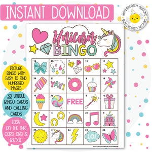 Unicorn Magical Printable Bingo Cards 30 Different Cards Instant Download image 1
