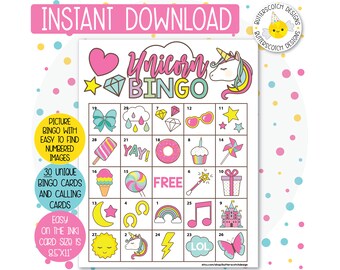 30 Unicorn Magical Printable Bingo Cards (30 Different Cards) - Instant Download