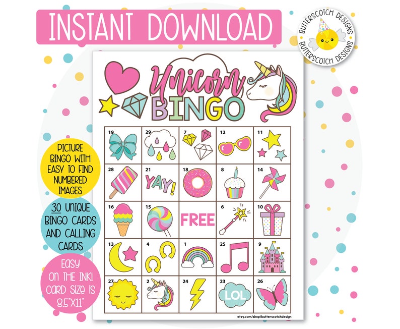 Unicorn Magical Printable Bingo Cards 30 Different Cards Instant Download image 1