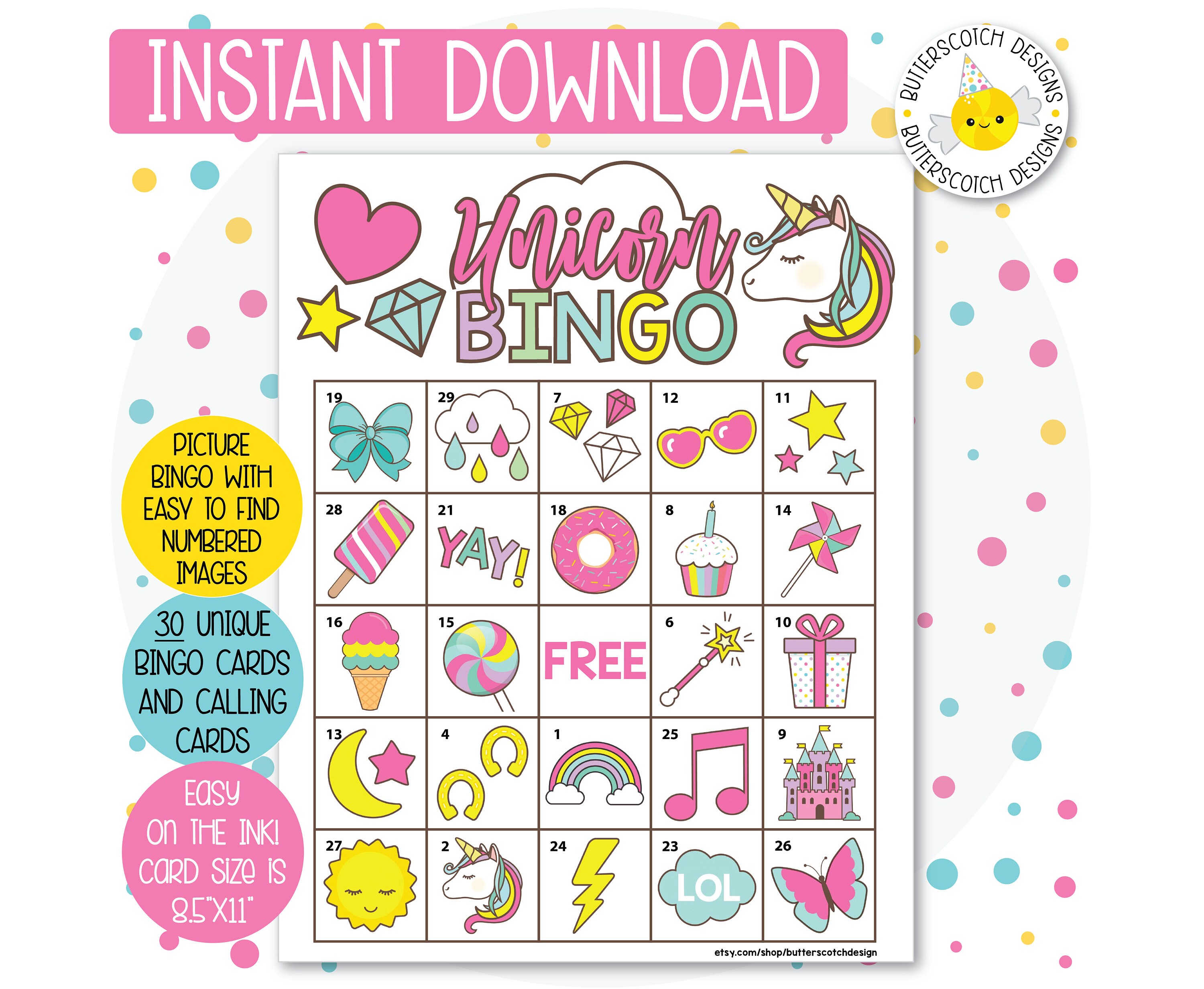 Unicorn Magical Printable Bingo Cards 30 Different Cards Etsy