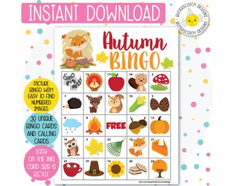 Autumn / Fall Printable Bingo Cards (30 Different Cards) - Instant Download