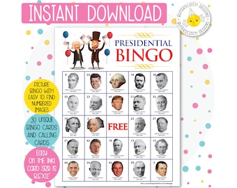 30 tarjetas de bingo presidenciales imprimibles (30 tarjetas diferentes) - Descarga instantánea