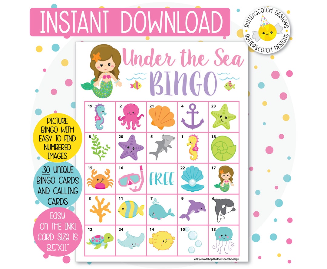 Mermaid Under the Sea Printable PDF Bingo Cards 30 Different Cards Instant Download - Etsy