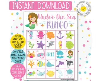30 Mermaid Under the Sea Printable PDF Bingo Cards (30 Different Cards) - Instant Download