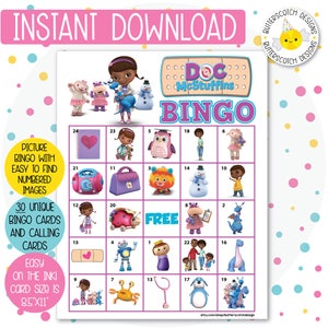 May include: A printable Doc McStuffins Bingo game with 30 unique bingo cards and calling cards. The cards feature images of Doc McStuffins and her friends, including a snowman, a ladybug, a stethoscope, and a blue dinosaur. The cards are 8.5 inches by 11 inches.