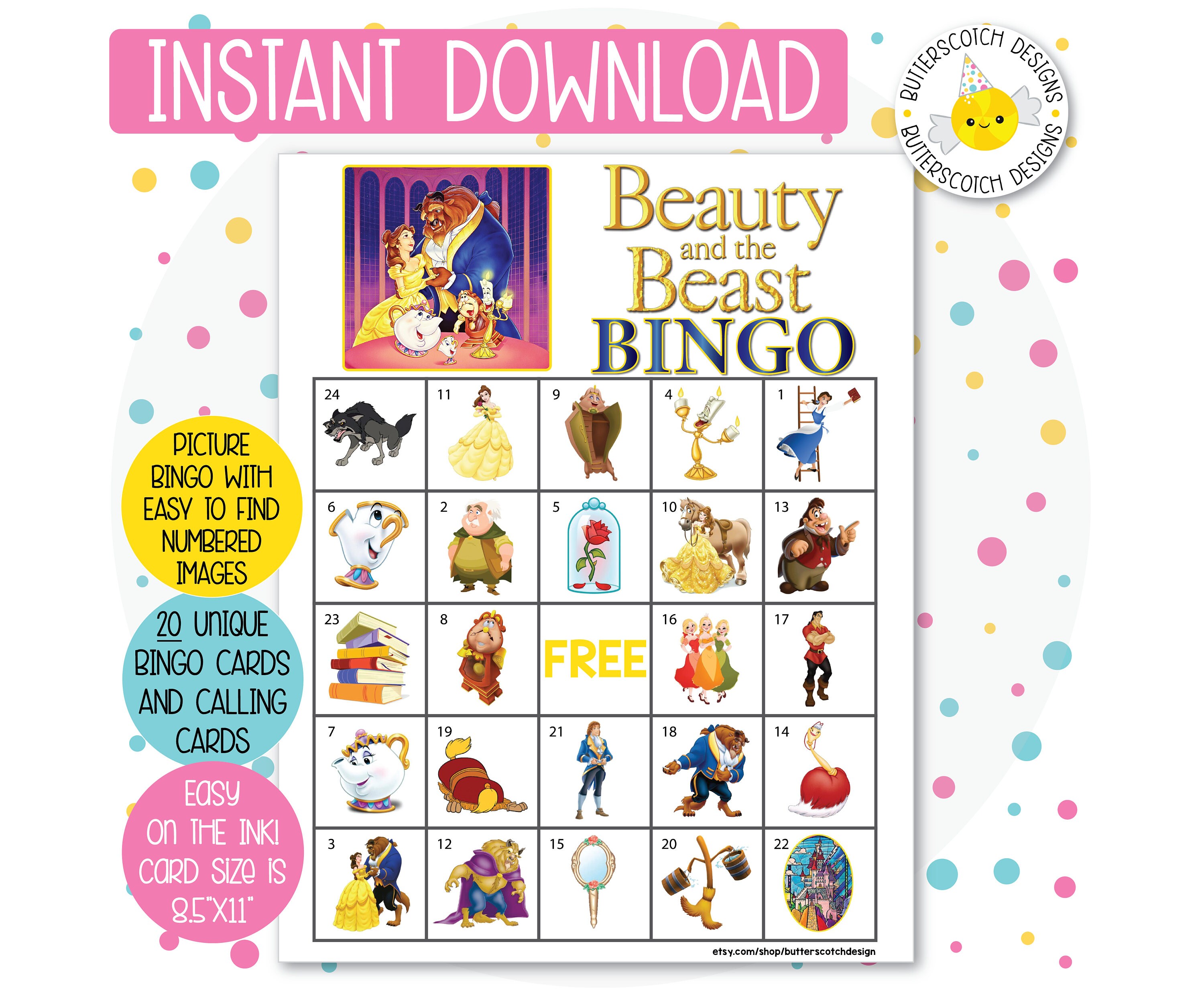 Beauty and the Beast Printable Bingo Cards 20 Different | Etsy
