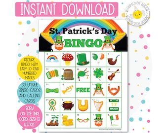 30 cartelle del bingo stampabili per il giorno di San Patrizio (30 cartelle diverse) - Download immediato