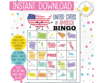 アメリカ合衆国の 30 州の印刷可能なビンゴ カード (30 種類のカード) - 即時ダウンロード