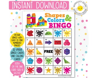 30 Shapes and Colors Printable Bingo Cards (30 Different Cards) - Instant Download