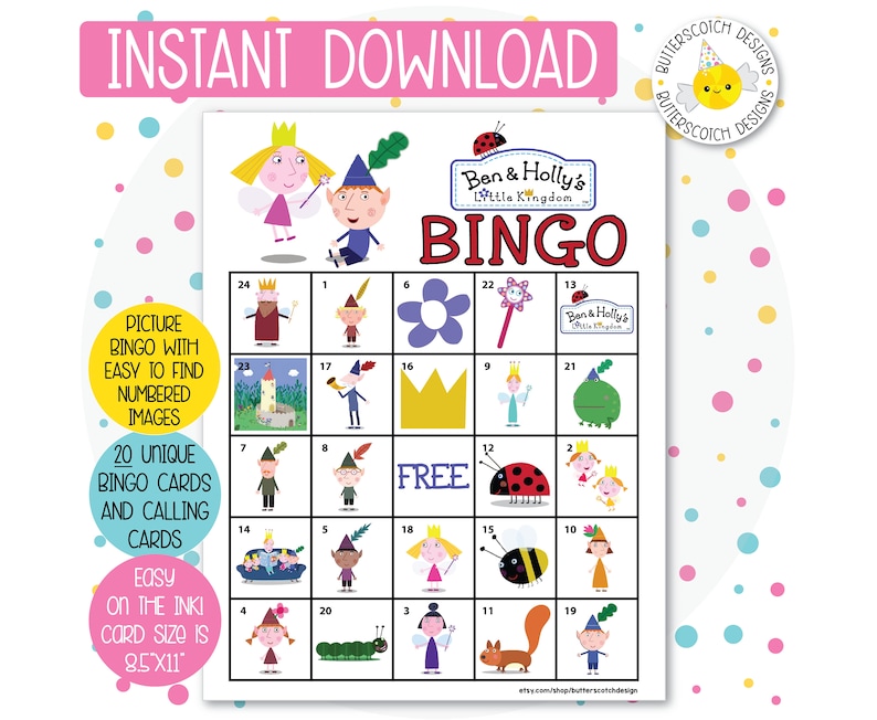 Pode incluir: Um cart&atilde;o de bingo imprim&iacute;vel com personagens do programa de televis&atilde;o infantil Ben & Holly's Little Kingdom. O cart&atilde;o tem um espa&ccedil;o livre no centro e 24 espa&ccedil;os adicionais com imagens de personagens e objetos do programa. O cart&atilde;o &eacute; projetado para um jogo de bingo.