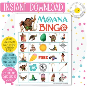 30 tarjetas de bingo imprimibles de Moana (30 tarjetas diferentes) - Descarga instantánea