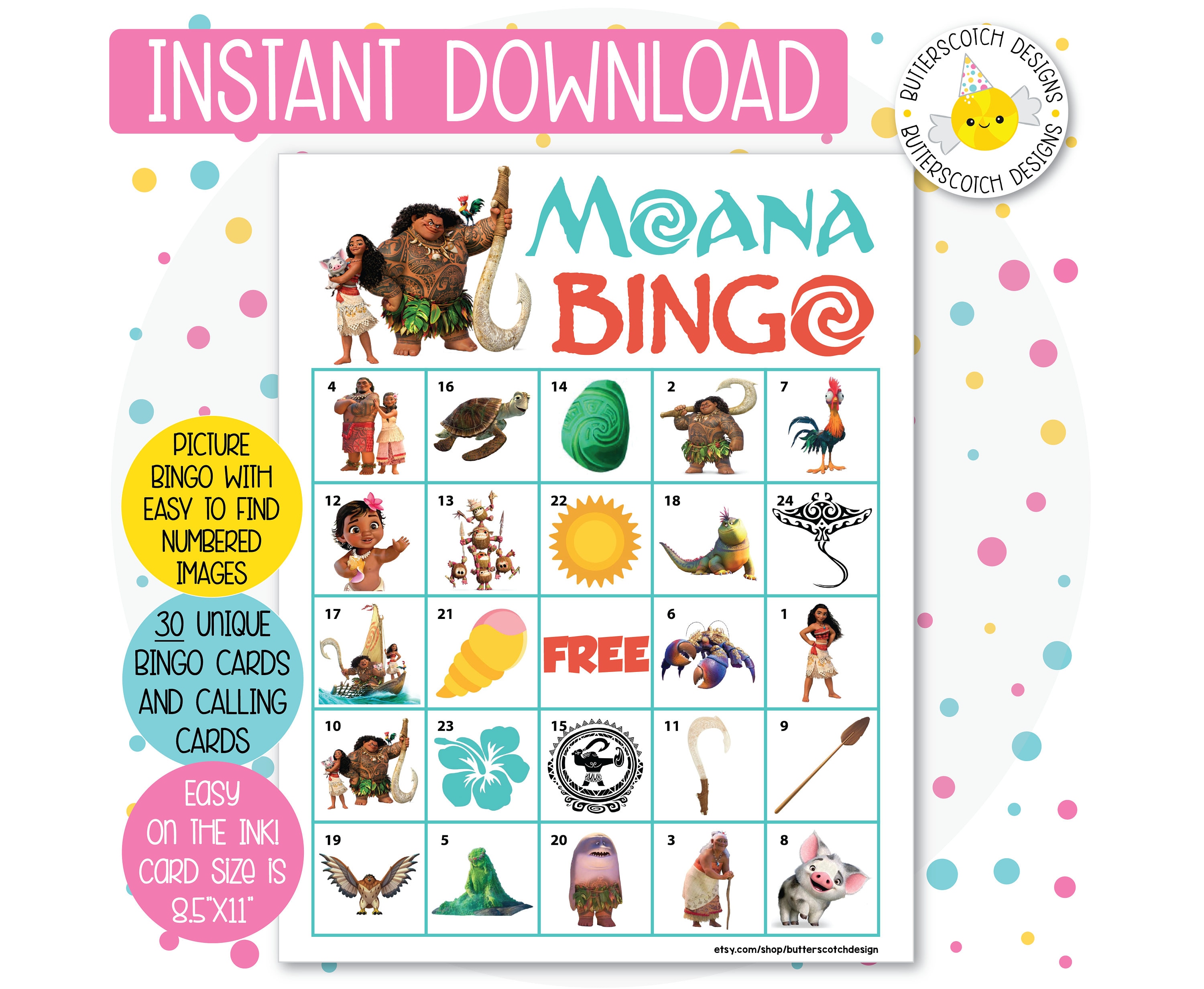 Moana Bingo 10 Cards, Printable Moana Bingo Game, Moana