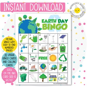 30 Earth Day Printable Bingo Cards (30 Different Cards) - Instant Download