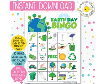 30 Earth Day Printable Bingo Cards (30 Different Cards) - Instant Download