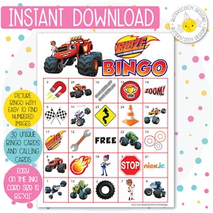 30 Monster Machines Printable Bingo Cards (30 Different Cards) - Instant Download