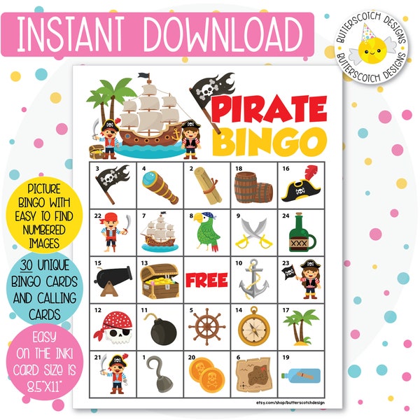 Pirate / Pirate Princess Printable Bingo Cards (30 Different Cards) - Instant Download