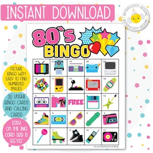 30 cartes de bingo imprimables sur le thème rétro des années 80 (30 cartes différentes) - téléchargement immédiat