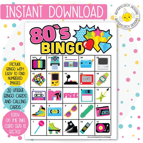 80s Retro Themed Printable Bingo Cards 30 Different Cards | Etsy