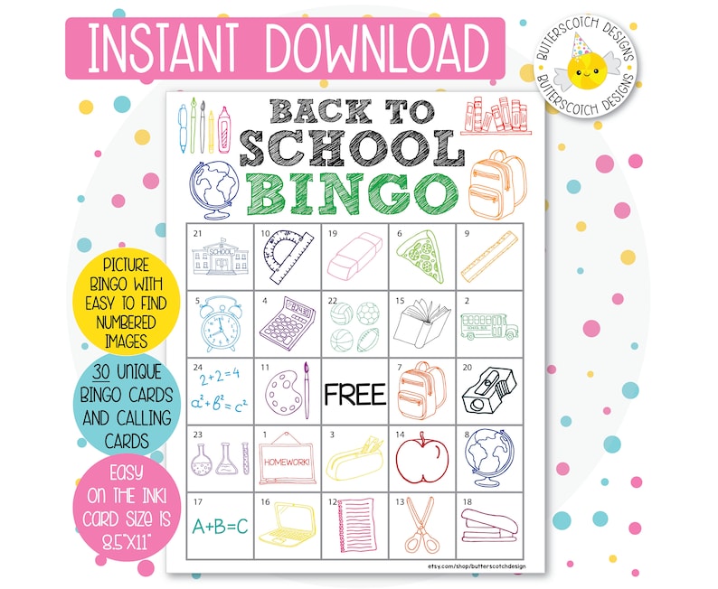 Again in the direction of University Printable Bingo Playing cards (30 Choice Playing cards) - Immediate Down load image about Back to School Bingo Printable named Back again in the direction of University Printable Bingo Playing cards (30 Substitute Playing cards) - Fast Obtain