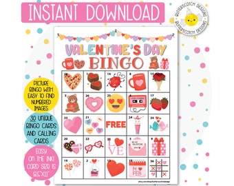 30 Valentine's Day Printable Bingo Cards (30 Different Cards) - Instant Download