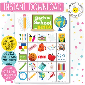 30 School / Back to School Printable Bingo Cards (30 Different Cards) - Instant Download