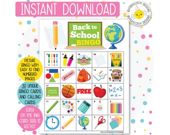 School / Back to School Printable Bingo Cards (30 Different Cards) - Instant Download