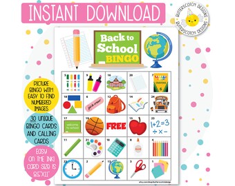 30 School / Back to School Printable Bingo Cards (30 Different Cards) - Instant Download