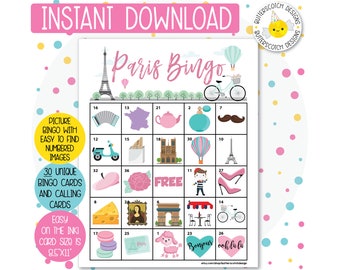 30 Paris France Printable Bingo Cards (30 Different Cards) - Instant Download