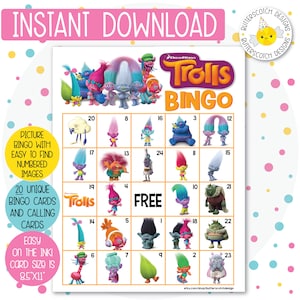 20 Trolls Printable Bingo Cards (20 Different Cards) - Instant Download