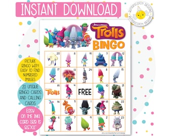 20 Trolls Printable Bingo Cards (20 Different Cards) - Instant Download